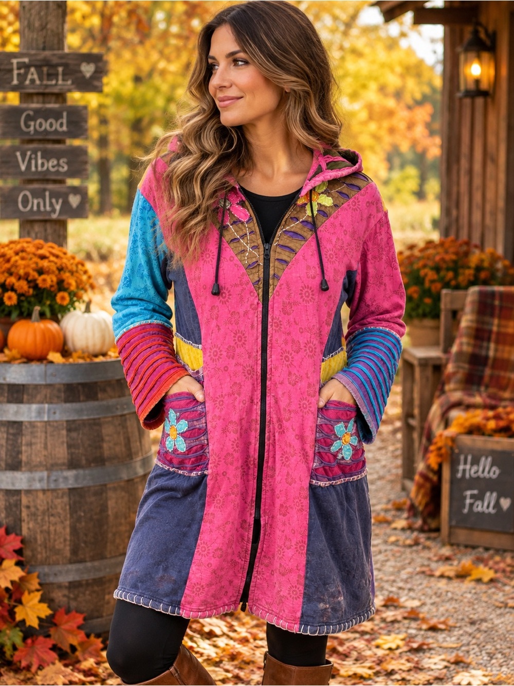 380) Leopards & Roses Boho Patchwork Hooded Zip Jacket Wearable Art